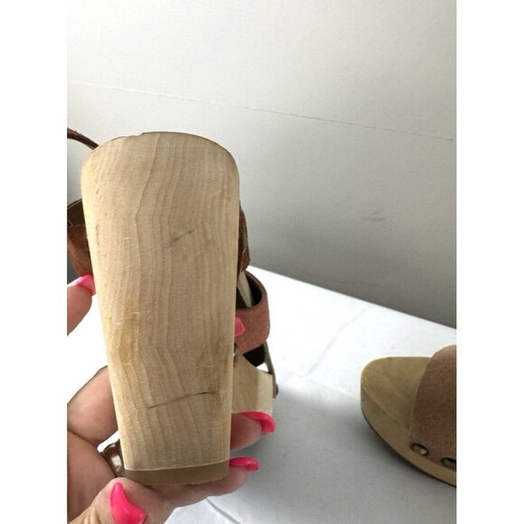 Retro Boho Chunky Platform Suede Leather 9.5 Sandals Pink Brown Wooden Heel - Picture 5 of 16